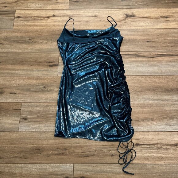 Cinq a Sept Shiny Astrid Mini Dress SZ 12 Teal Topaz Ruched Side Zip Adjustable - Picture 10 of 11